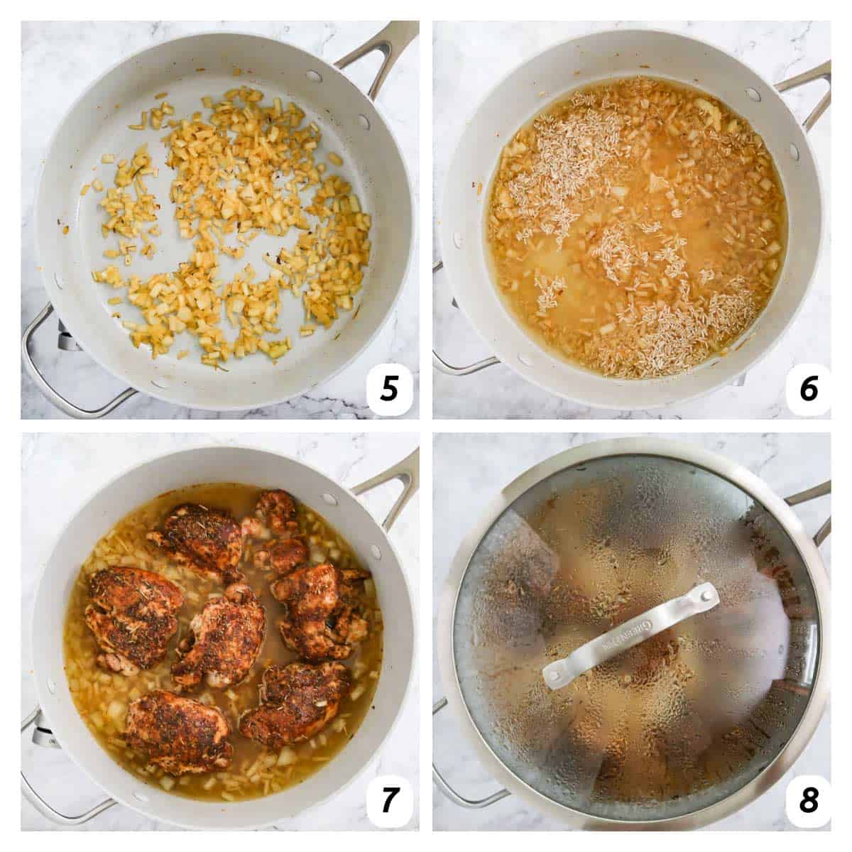 Four panel grid of process shots 5-8 - sautéing onions, adding broth, rice and chicken, and cooking all in the same pot.