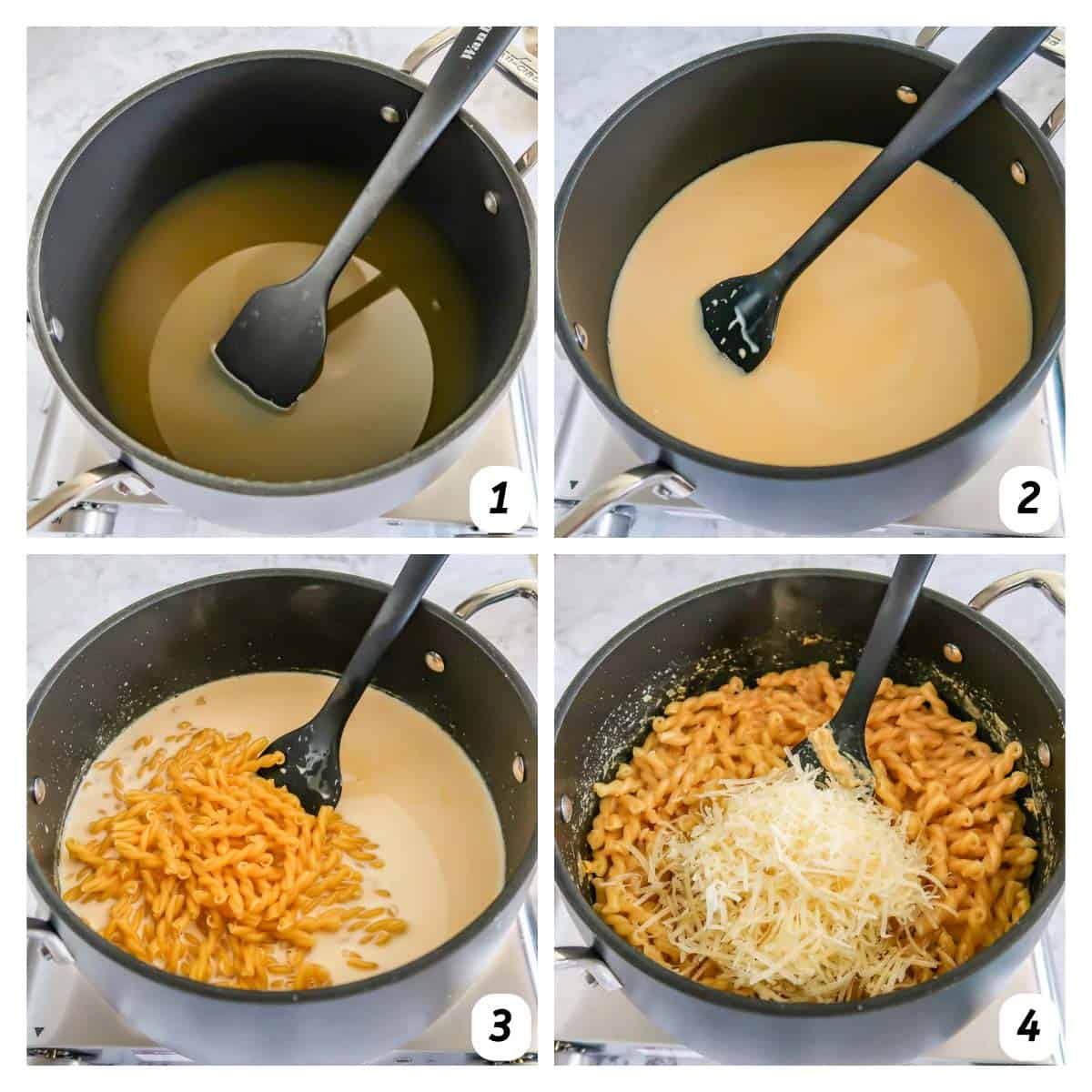 Four panel grid of process shots 1-4 - gradually combining ingredients in a large pot to cook pasta and make sauce.