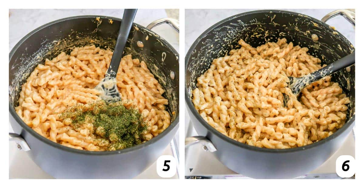 Two panel grid of process shots 5-6 - add dill to your pasta and serve.