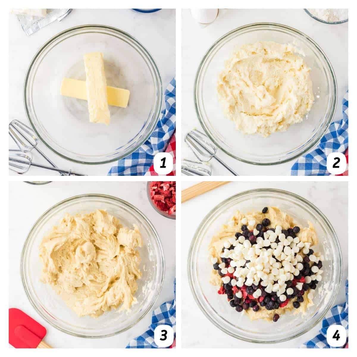 Four panel grid of process shots 1-4 - creaming together butter and sugar, adding eggs and vanilla, combining dry ingredients separately, combining mixtures together, and adding toppings.