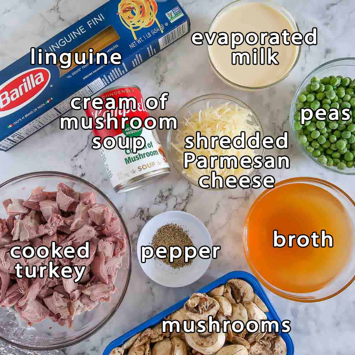 Overhead shot of ingredients - linguine, evaporated milk, cream of mushroom soup, shredded parmesan cheese, peas, broth, pepper, cooked turkey, and mushrooms.