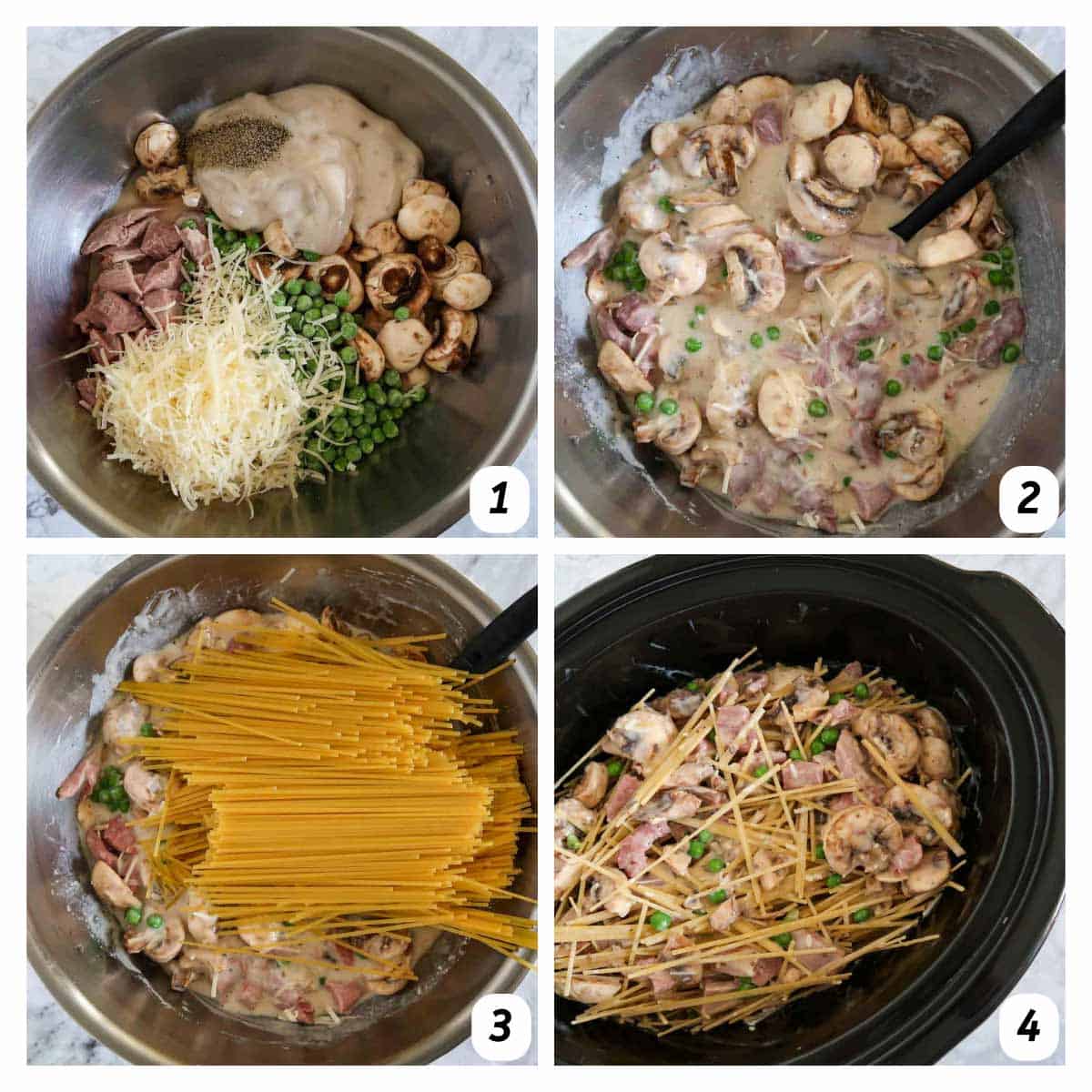 Four panel grid of process shots - combining ingredients in a bowl and transferring to the crock pot to cook.