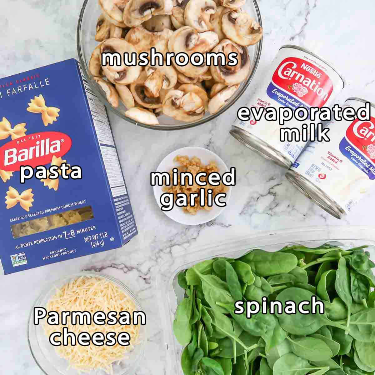 Overhead shot of ingredients - mushrooms, pasta, evaporated milk, minced garlic, parmesan cheese, and spinach.