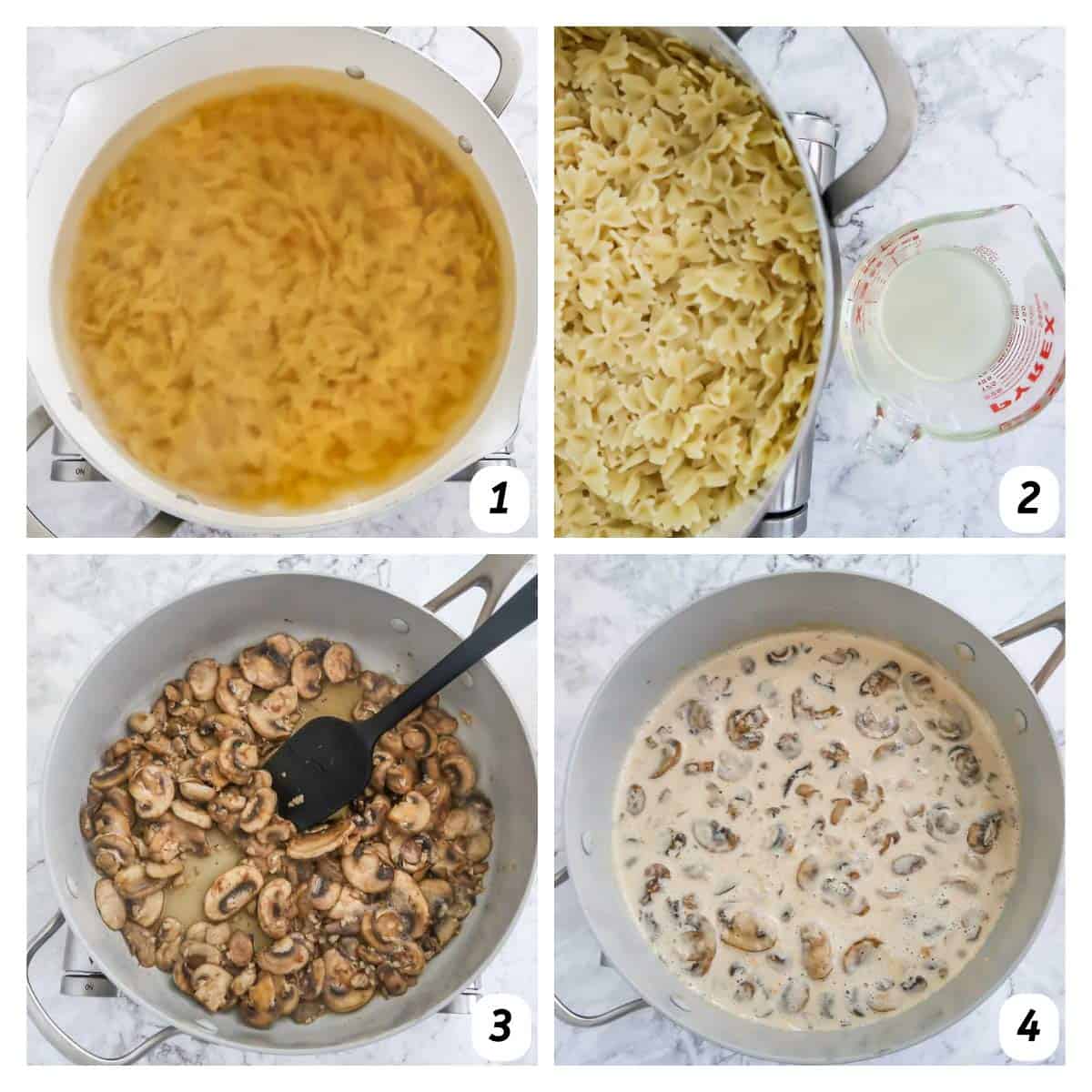 Four panel grid of process shots 1-4 - cooking pasta, sautéing mushrooms, and adding evaporating milk.