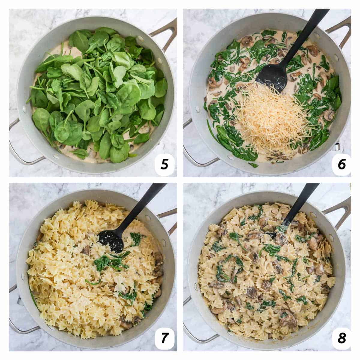 Four panel grid of process shots 5-8 - adding spinach, cheese, and pasta and cooking in pan.