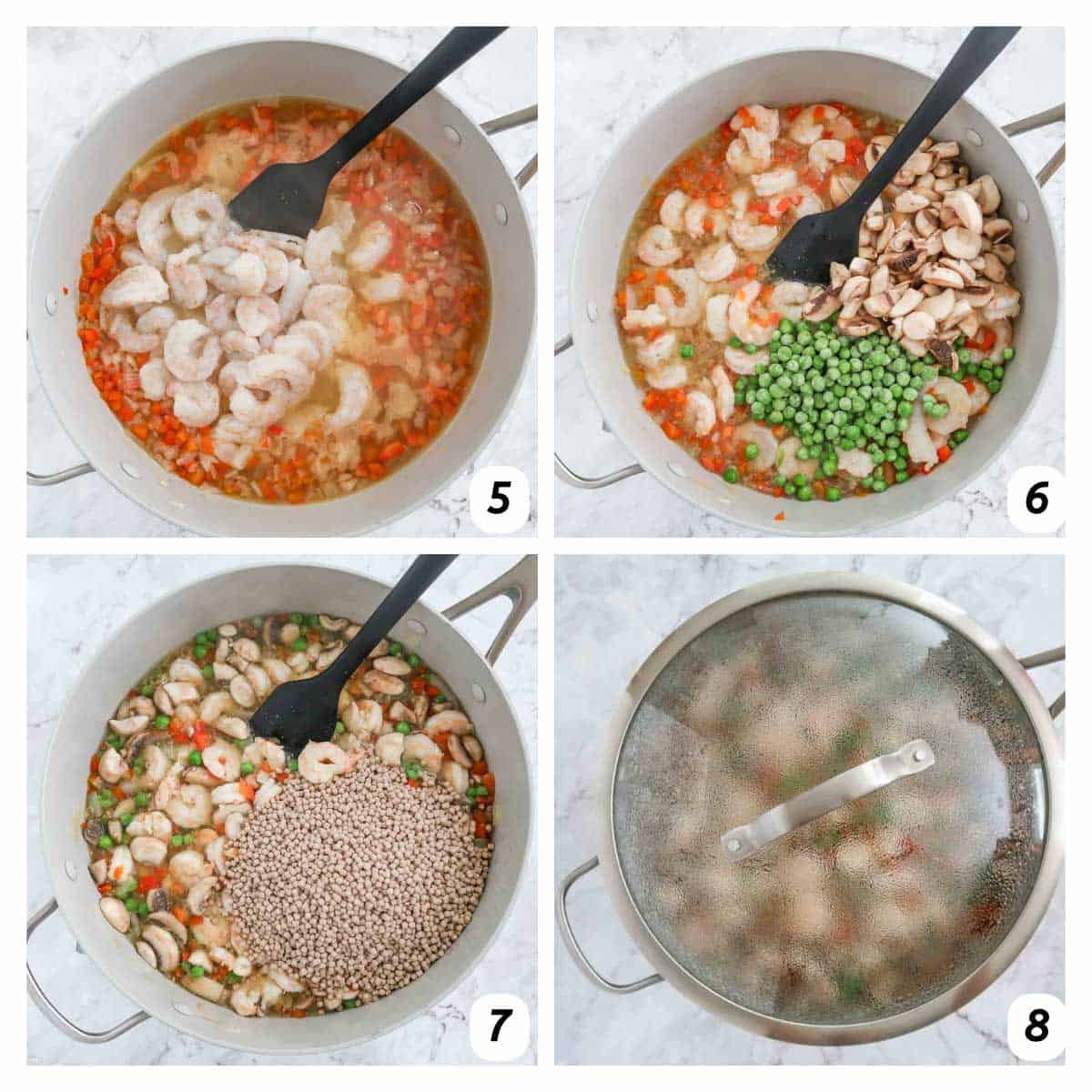Four panel grid of prices shots 5-8 - adding shrimp, peas and mushrooms, and couscous, and allowing to cook.