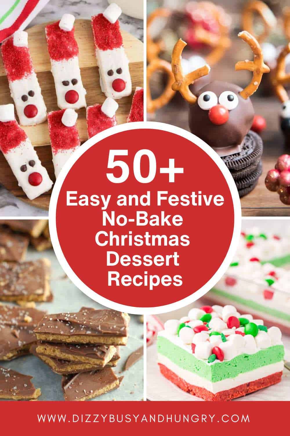 Santa Faces cookies, Reindeer cookies, chocolate bark cookies, and three-layer cake with the overlaying text 50 Plus Easy and Festive No-Bake Christmas Dessert Recipes.