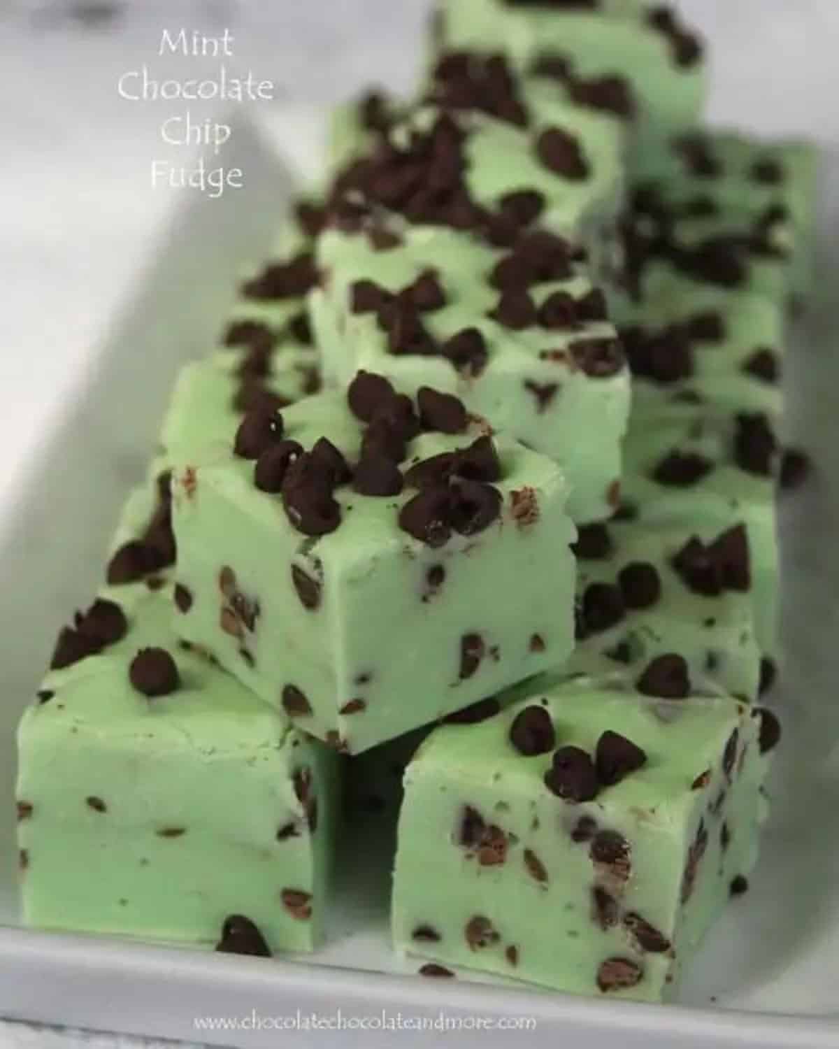 A stack of green fudge with chocolate chips along with the text Mint Chocolate Chip Fudge.