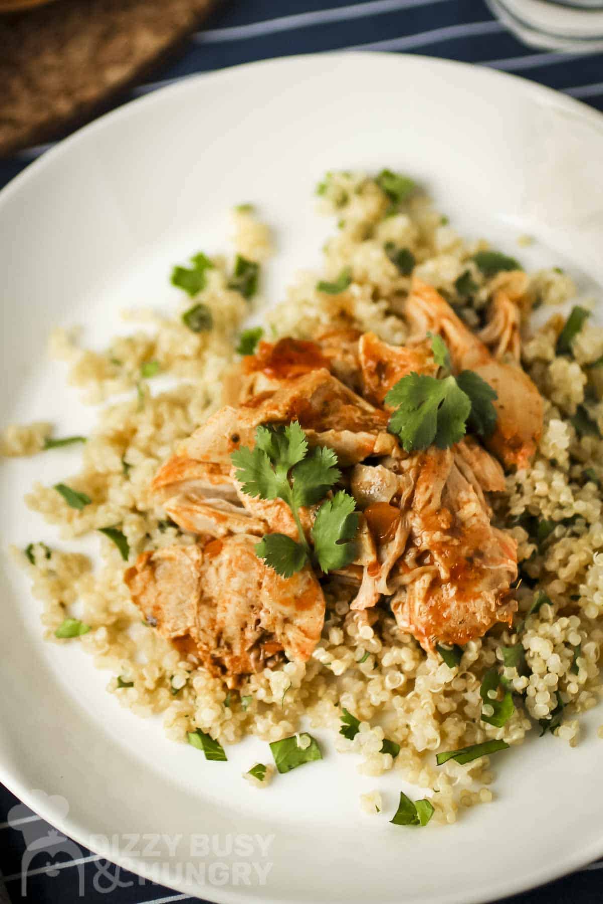 Overhead view of butter chicken over couscous garnished with fresh herbs on a white bowl.