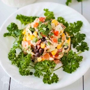 Overhead close up shot of southwest chicken salad garnished with fresh cilantro on a white plate with a fork on the side.