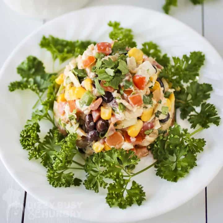 Overhead close up shot of southwest chicken salad garnished with fresh cilantro on a white plate with a fork on the side.