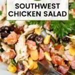 Overhead close up shot of southwest chicken salad garnished with fresh cilantro on a white plate with a fork on the side.