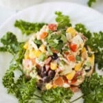 Overhead close up shot of southwest chicken salad garnished with fresh cilantro on a white plate with a fork on the side.