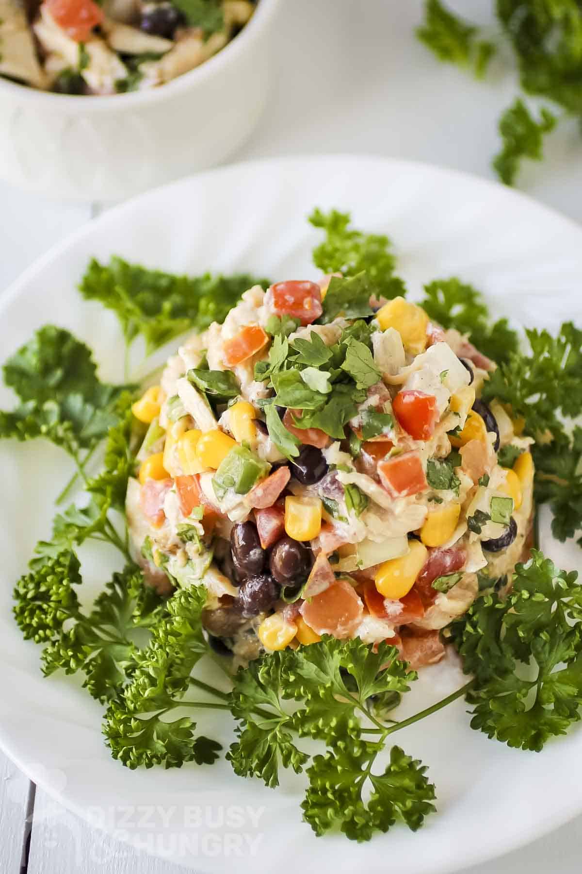 Overhead close up shot of southwest chicken salad garnished with fresh cilantro on a white plate with a fork on the side.