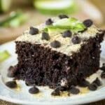 Side close up shot of a piece of zucchini cake garnished with chocolate chips and zucchini on a white plate.