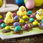 Side shot of multiple pretzel treats with chick peeps on a white plate with green sugar and fake easter eggs in the background.