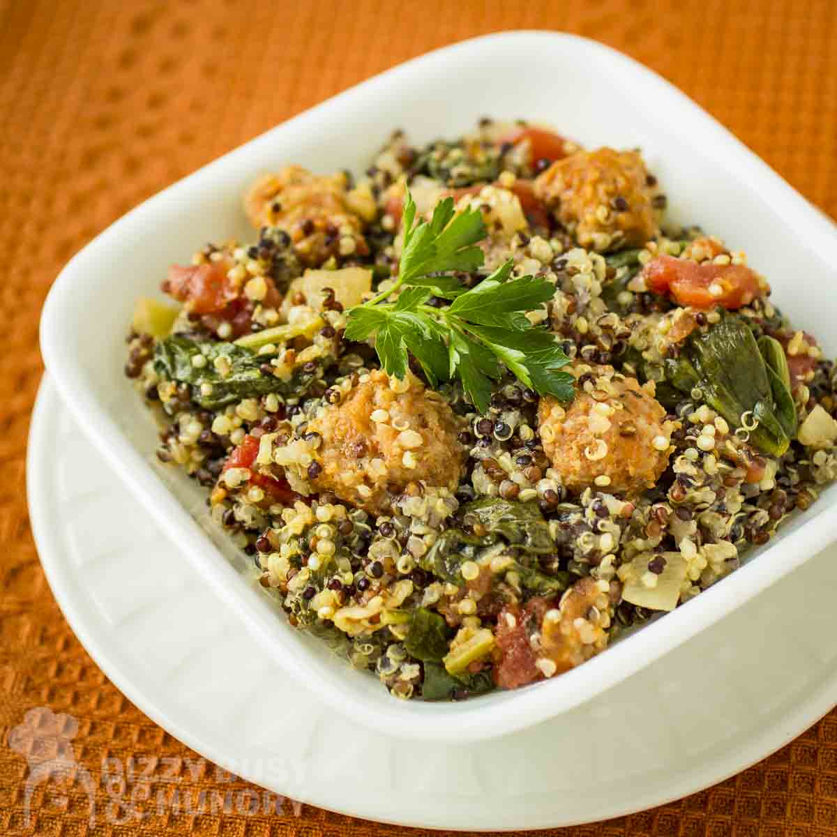 Side shot of chorizo and quinoa in a white bowl on a white plate on an orange cloth.