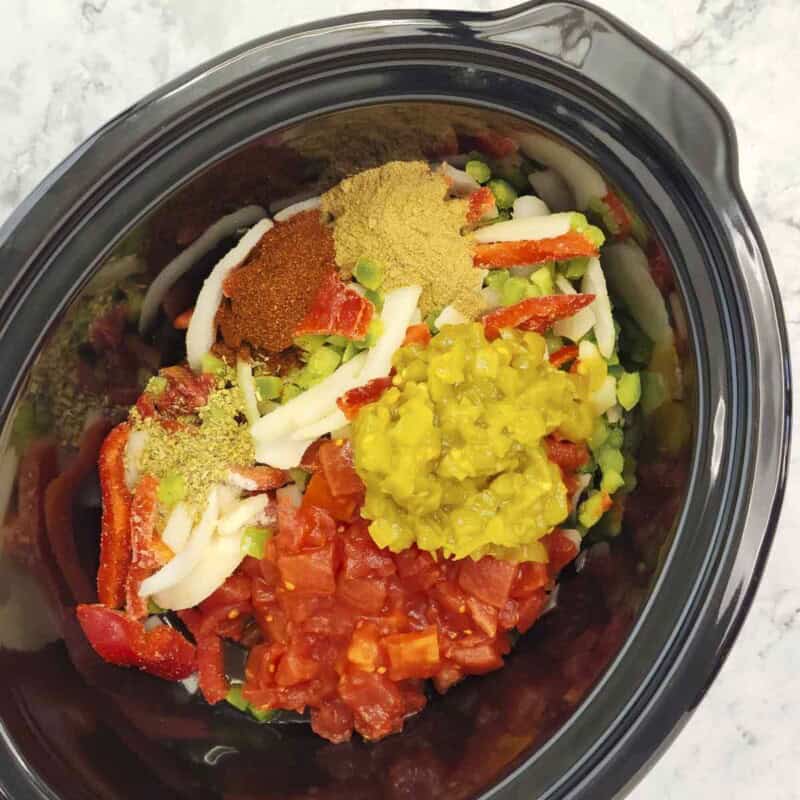 Overhead view of process shot 1 - add all ingredients to the crock pot.