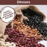 Three burlap sacks spilling white, red, and black beans onto a white table.
