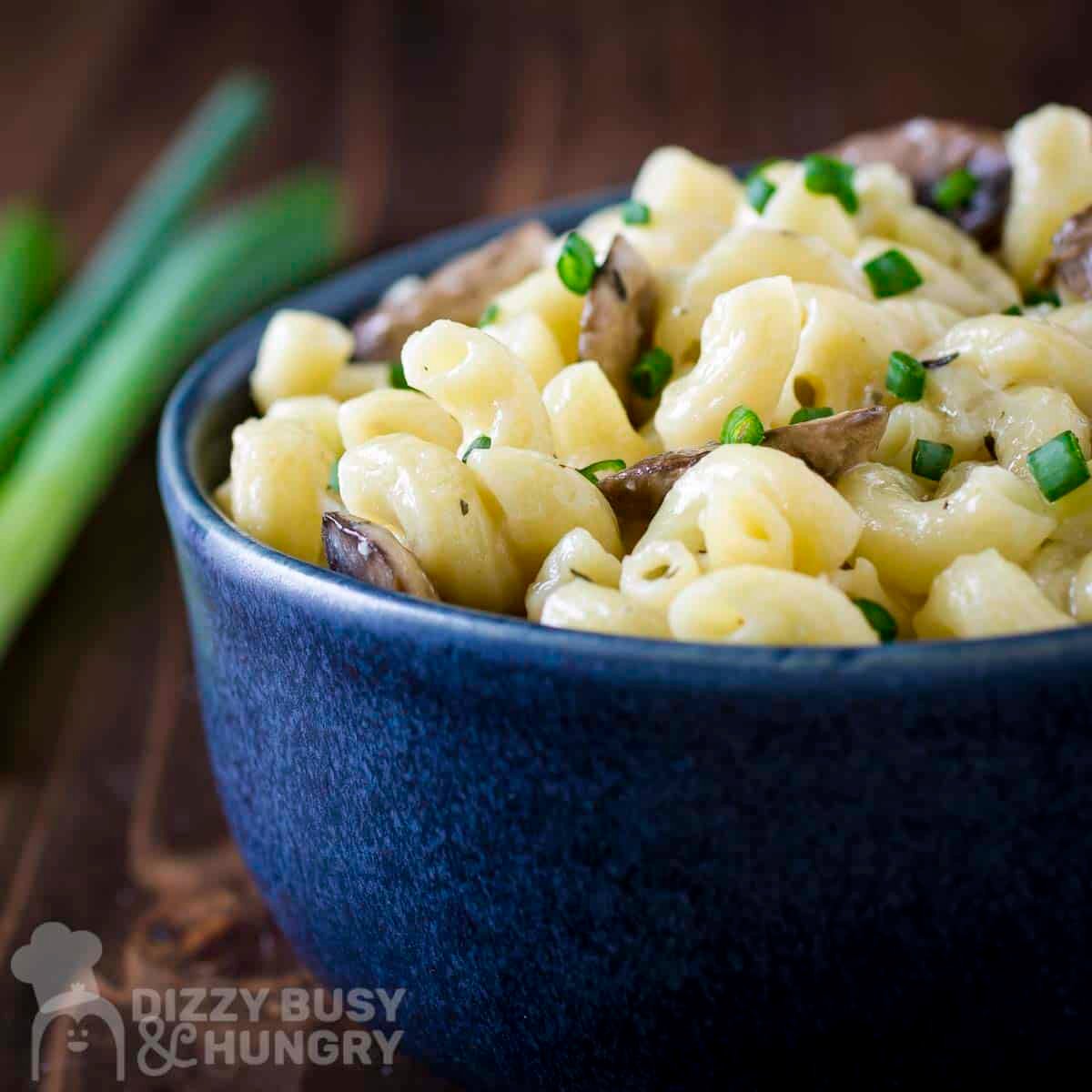 Side shot of mushroom mac and cheese garnished with fresh green onions slices in a blue bowl with more green onions on the side.