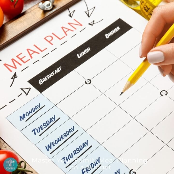 A hand with a pencil writes on a meal plan chart, listing days from Monday to Friday, with tomatoes and a tape measure nearby.