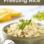Bowl of uncooked rice resting on a piece of burlap, viewed from overhead, with text overlay 'Tips for Freezing Rice'.