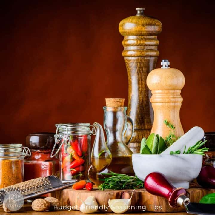 Front view of herbs and seasonings nicely arranged on a wooden table.