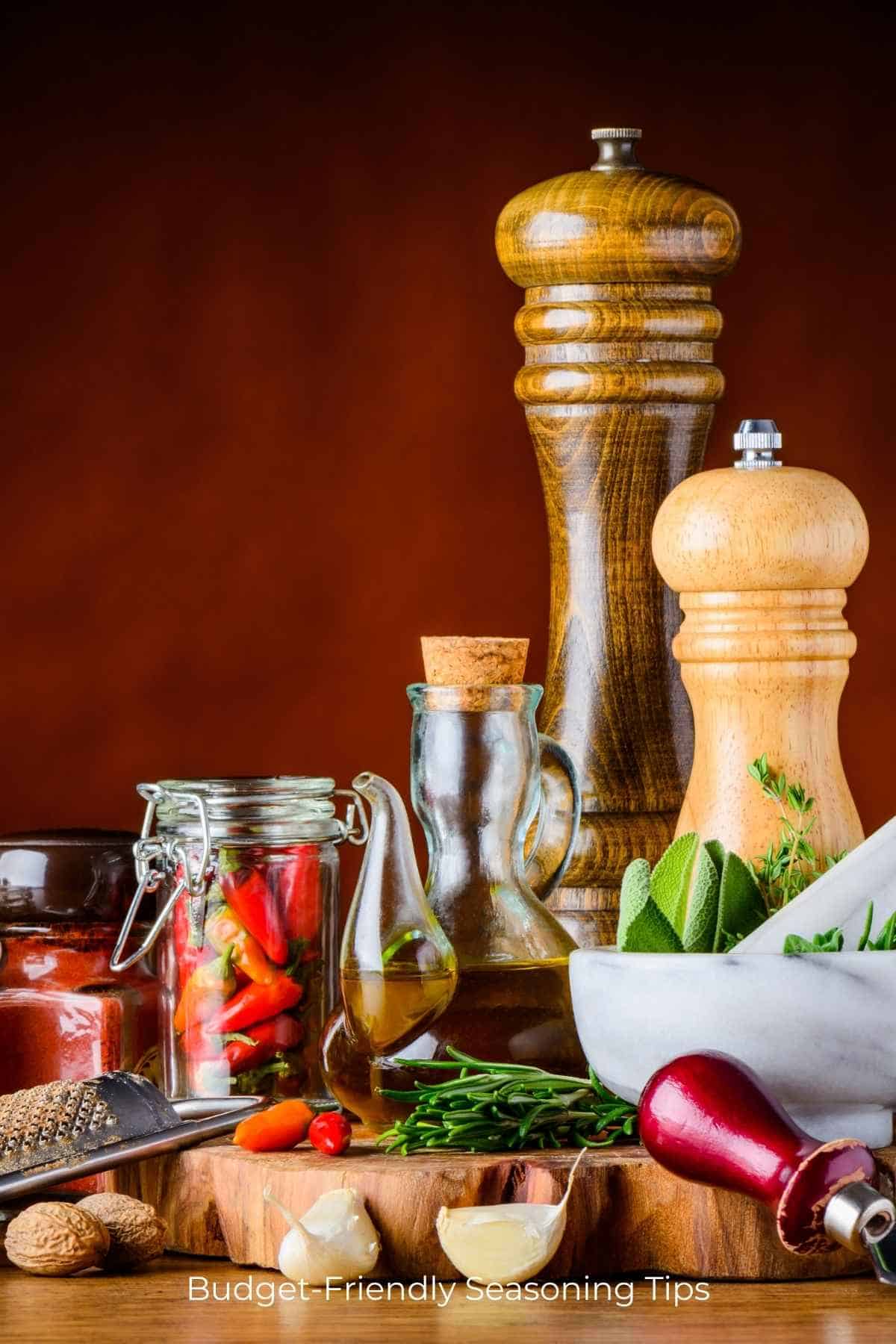 Front view of herbs and seasonings including salt and pepper grinders nicely arranged on a wooden table.