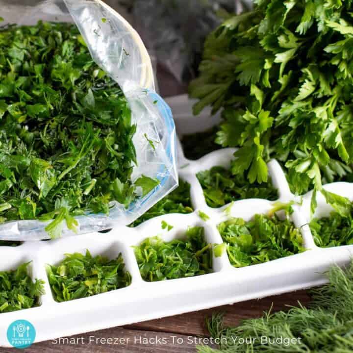 Fresh herbs chopped and placed in a white ice cube tray to illustrate one of the smart freezer hacks.