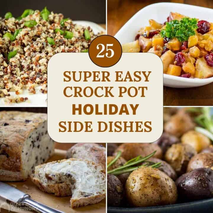 A 4 photo collage of some easy crockpot side dishes such as olive bread and roasted baby potates.