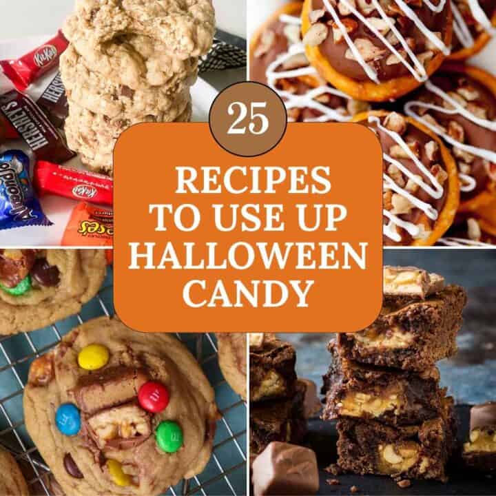 4 photo collage of cookies and bars made using leftover Halloween candy.