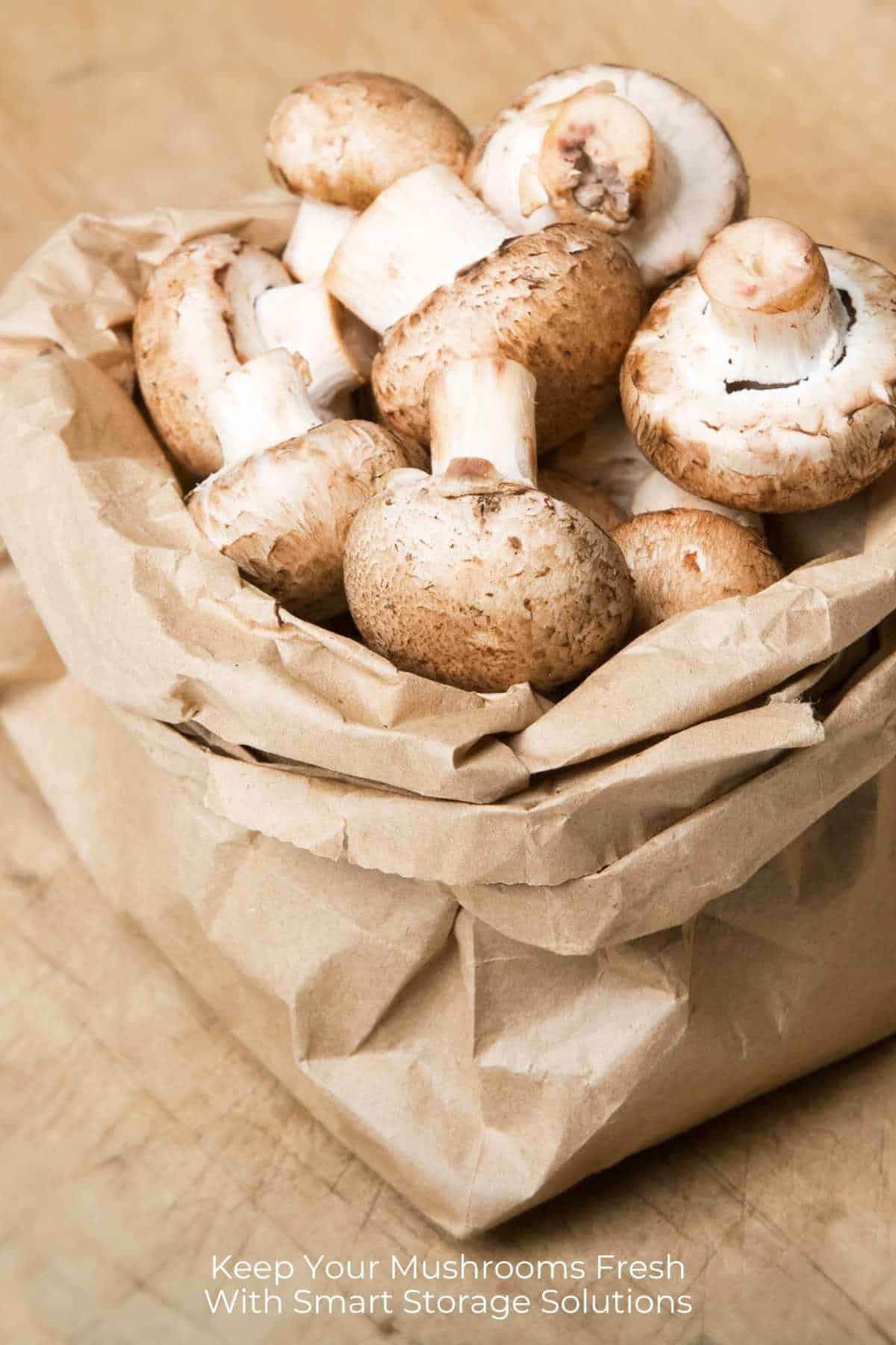 Mushrooms in a paper bag sitting on a wooden counter to illustrate how to store mushrooms to keep them fresh.
