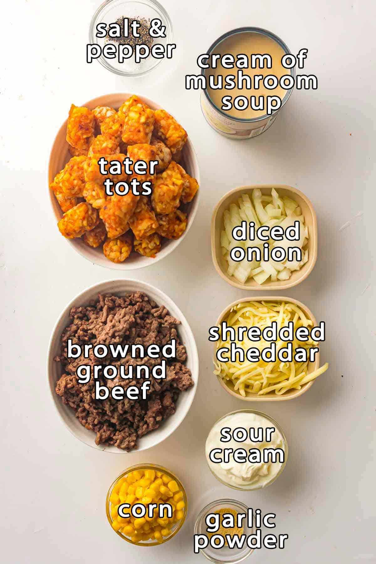 Overhead shot of ingredients - salt & pepper, cream of mushroom soup, tater tots, diced onion, shredded cheddar, browned grown beef, sour cream, corn, and garlic powder.