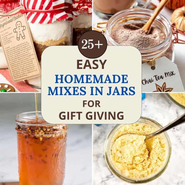 4 photo collage of some of the homemade mixes in jars discussed in the article such as gingerbread cookie mix, hot cocoa mix, and seasoning mix.