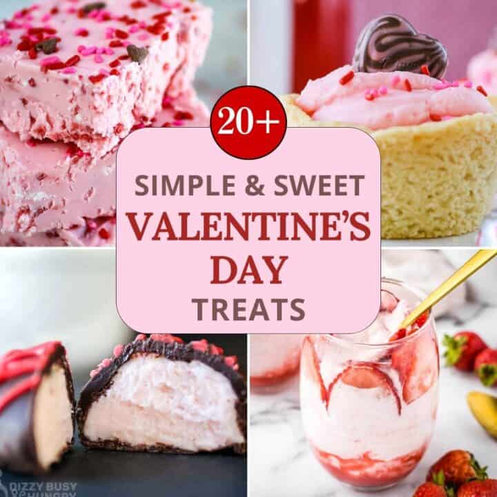 A 4 photo collage of Valentine's Day treats such as strawberry mousse and strawberry fudge.