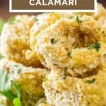 Close up view of baked calamari with herbs on a white plate.