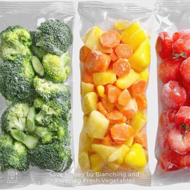 Broccoli, carrots, and cherry tomatoes prepared by blanching and freezing fresh vegetables and placed in freezer bags.