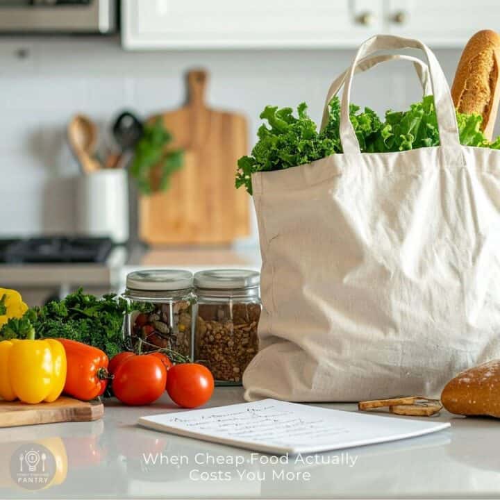 Photo of a linen bag of groceries on a white counter with various veggies and jars of bulk foods to illustrate some types of cheap food.