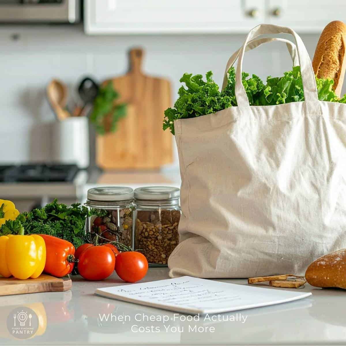 Photo of a linen bag of groceries on a white counter with various veggies and jars of bulk foods to illustrate some types of cheap food.