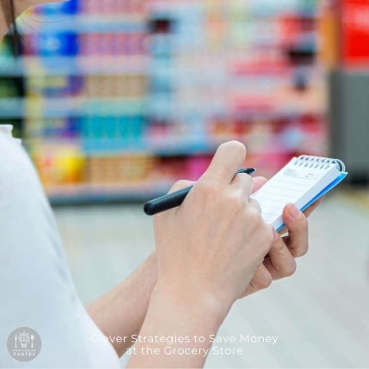 A female holding a notebook and pen to create a shopping list as a strategy to save money at the grocery store.