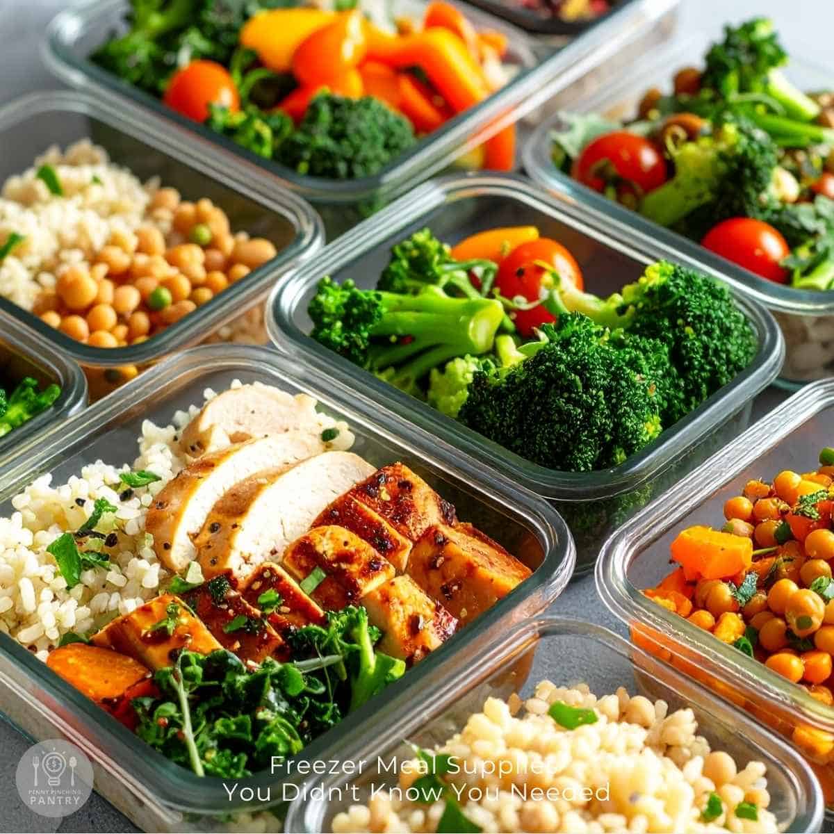 Photo of various meals in containers that are essential freezer meal supplies.