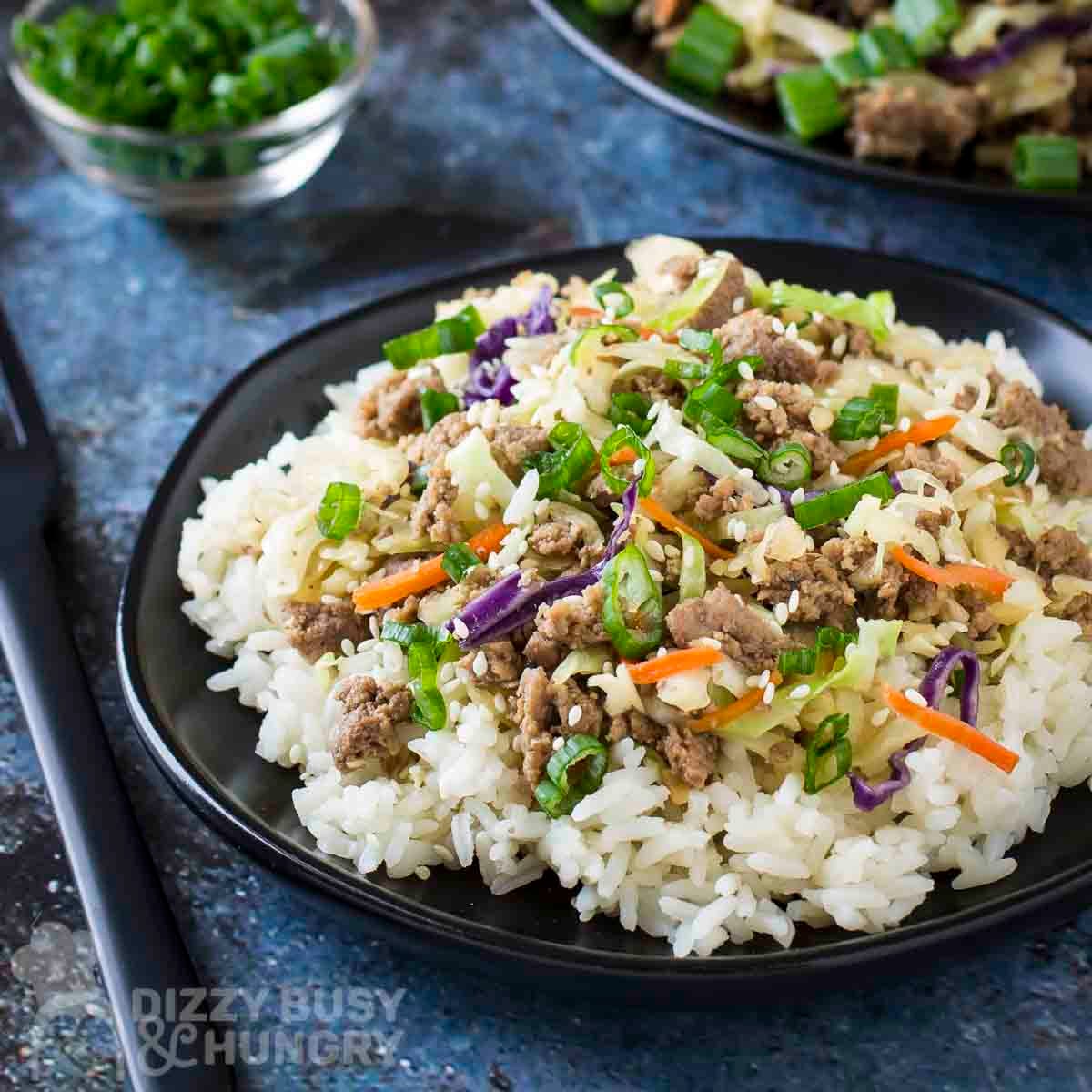 Side shot of a ground turkey bowl garnished with fresh green onions in a black bowl with another small bowl of green onions in the background.