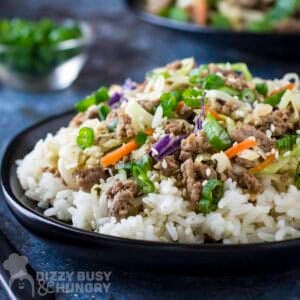 Side shot of a ground turkey bowl garnished with fresh green onions in a black bowl with another small bowl of green onions in the background.