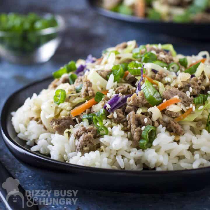 Side shot of a ground turkey bowl garnished with fresh green onions in a black bowl with another small bowl of green onions in the background.