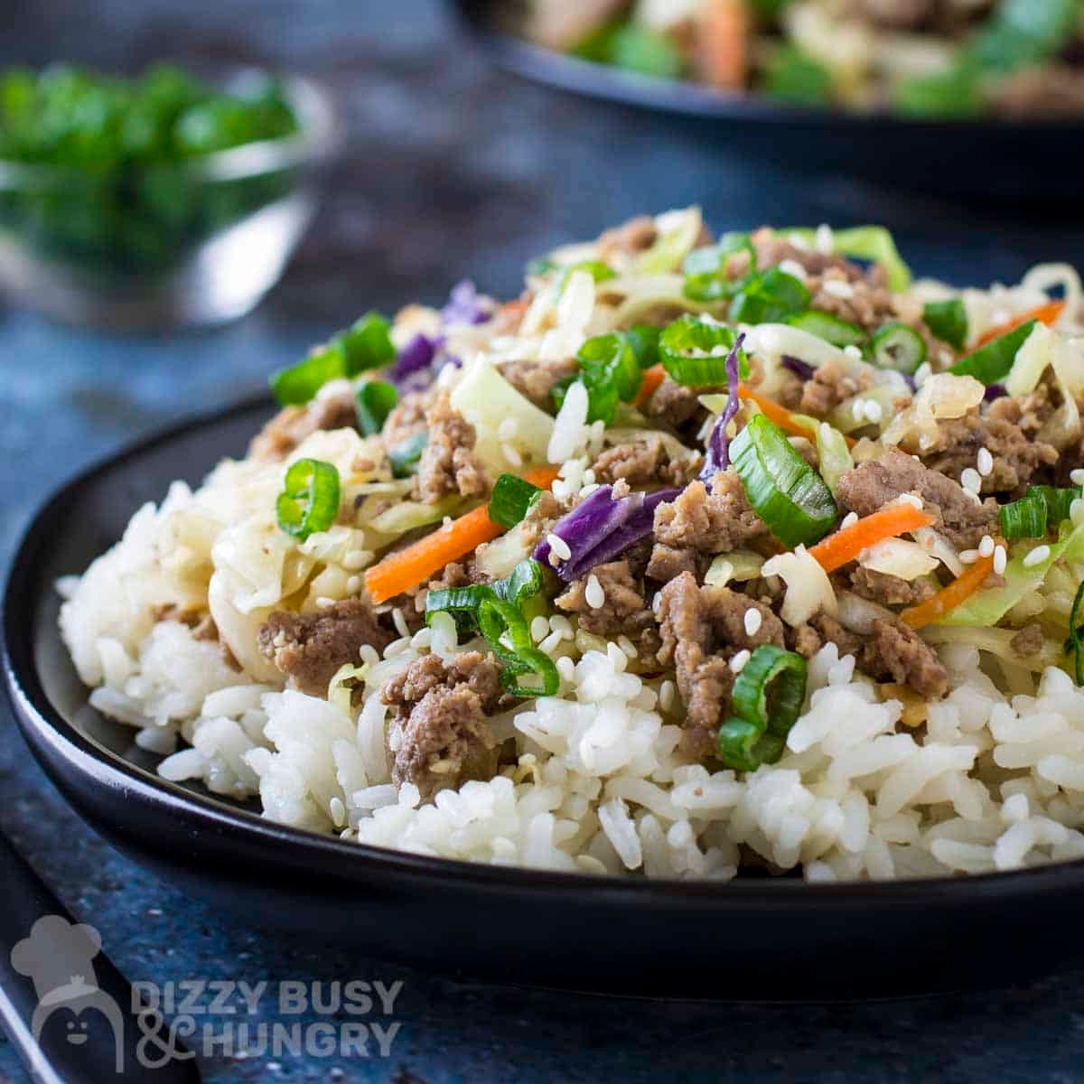 Side shot of a ground turkey bowl garnished with fresh green onions in a black bowl with another small bowl of green onions in the background.