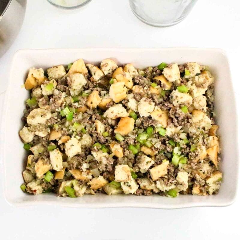 Overhead view of process shot 4 - transfer to the prepared baking dish, cover with foil, and bake for 30 minutes. Remove the foil and bake an additional 15 to 20 minutes.