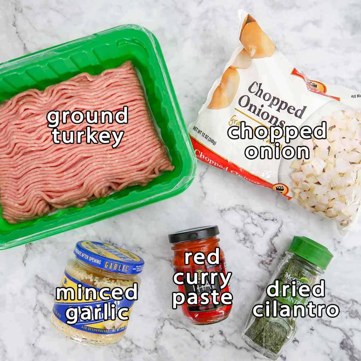 Overhead shot of burger patties ingredients - ground turkey, chopped onion, minced garlic, red curry paste, and dried cilantro.