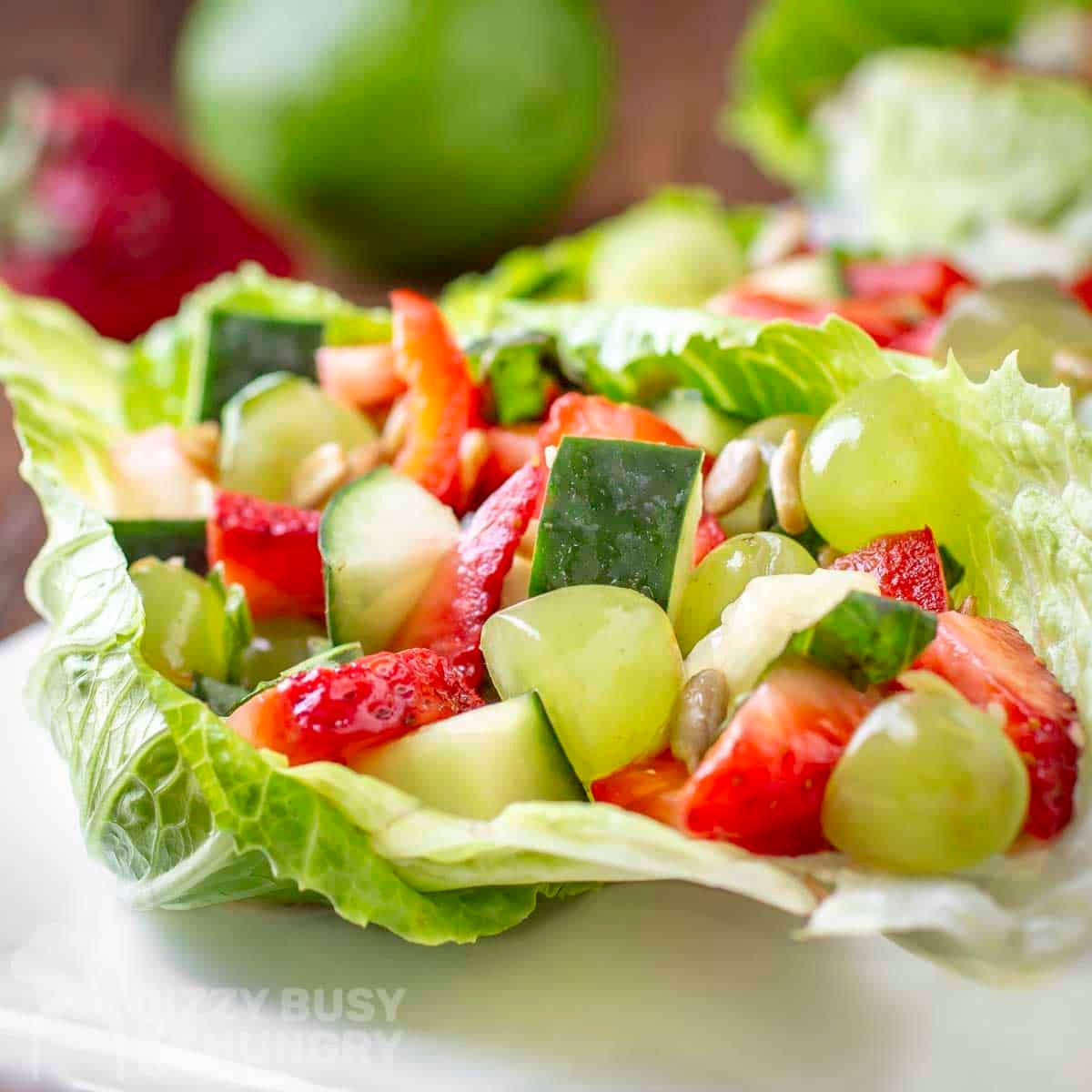 Side close up shot of a lettuce boat filled with fruit and veggie salad on a white plate.