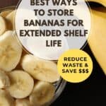 Top down photo of sliced bananas in a bowl on a dark background.
