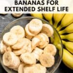 Photo of sliced bananas on a charcoal-colored background and whole bananas to the right